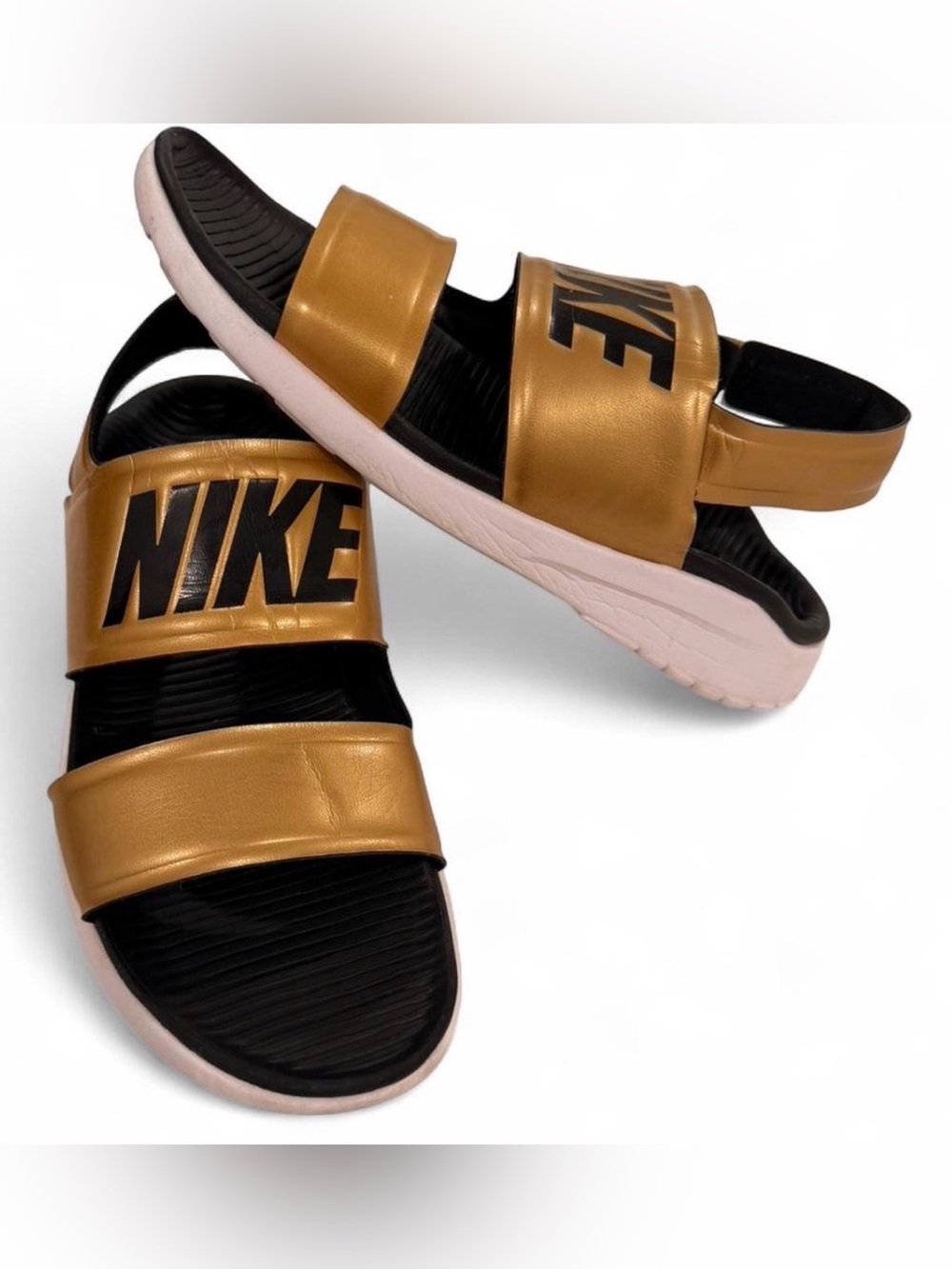 Nike Gold and Black Double-Strap Slide Sandals